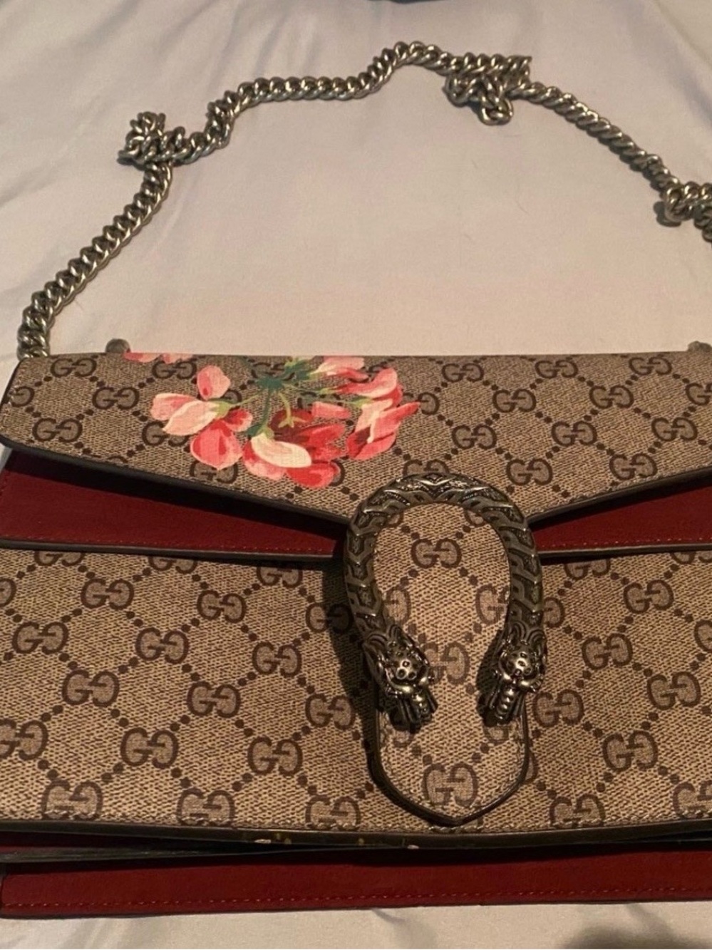 Gucci Beige Monogram Shoulder Bag with Red Trim and Floral Detail